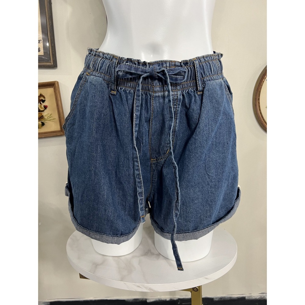 Mahina Blue Denim Drawstring Elastic Waist Cuffed Shorts Size Small